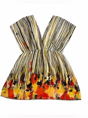 VINTAGE BOHO MYAN SHEER BABYDOLL TOP WOMENS LARGE MULTICOLOR FLORAL